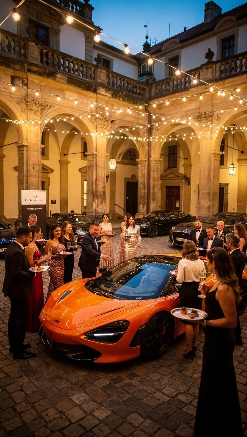 Luxusní automobil značky Ferrari zaparkovaný na malebné pražské ulici.